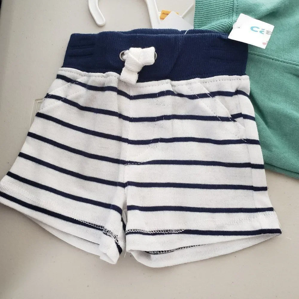 NEW Carters Newborn Baby Boy Shorts 2 Pairs New Blue White Striped Green